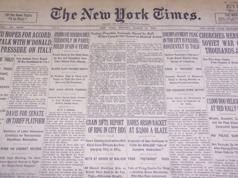 1930 MARCH 17 NEW YORK TIMES - SYDNEY FRANKLIN SERIOUSLY GORED BY BULL - NT 1673