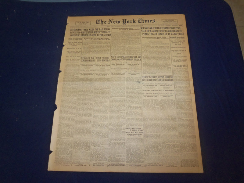 1919 MARCH 6 NEW YORK TIMES - WILSON SAILS WITH DEFIANCE TO CRITICS - NT 9267
