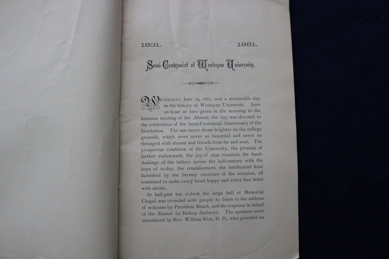 1881 JUNE 29 WESLEYAN UNIVERSITY SEMI-CENTENNIAL SOFTCOVER BOOK - K 832