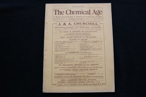 1922 SEPTEMBER 30 THE CHEMICAL AGE MAGAZINE - J.&A. CHRUCHILL COVER - SP 4924N