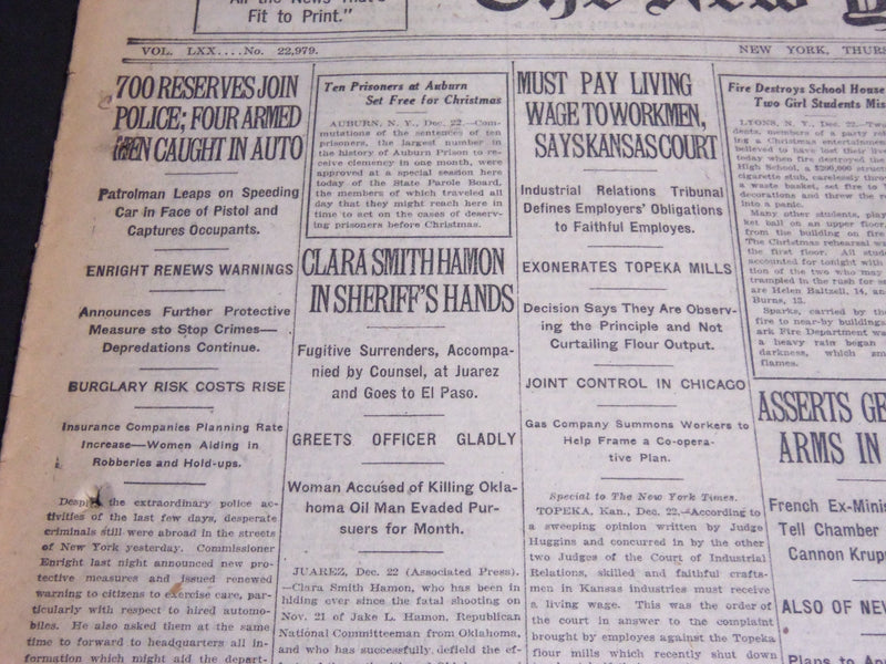 1920 DECEMBER 23 NEW YORK TIMES - CLARA SMITH HAMON IN SHERIFF'S HANDS - NT 6792