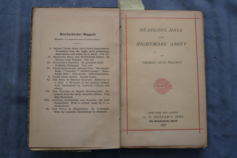 1887 HEALDONG HALL AND NIGHTMARE ABBEY HARDCOVER BOOK BY THOMAS PEACOCK - K 677