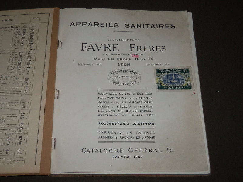 1920 FAVRE FRÈRES APPAREILS SANITAIRES FRENCH CATALOGUE - FR 736
