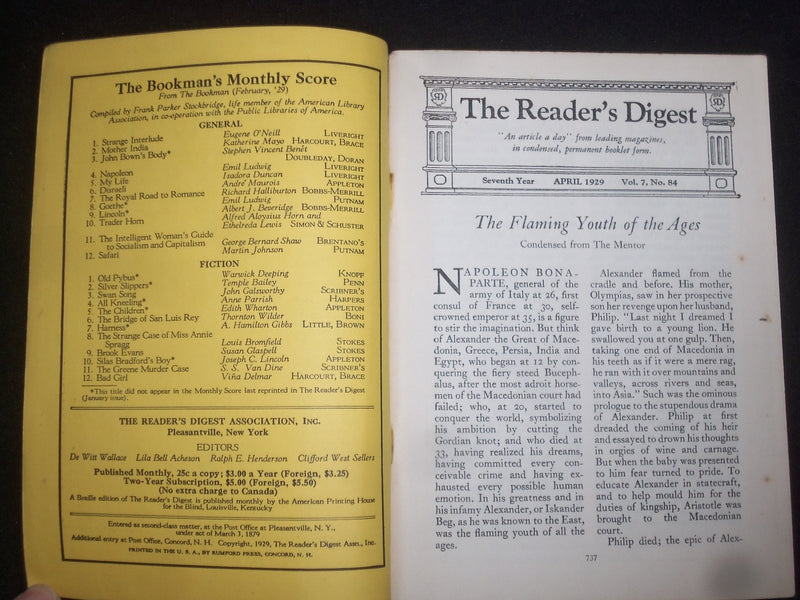 1929 APRIL THE READER'S DIGEST SOFTCOVER BOOK - NUMBER 84 - J 9928