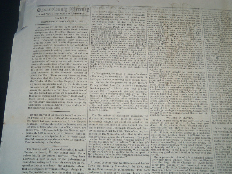 1871 NOVEMBER 8 ESSEX COUNTY MERCURY NEWSPAPER - ELECTION RESULTS - NP 3971