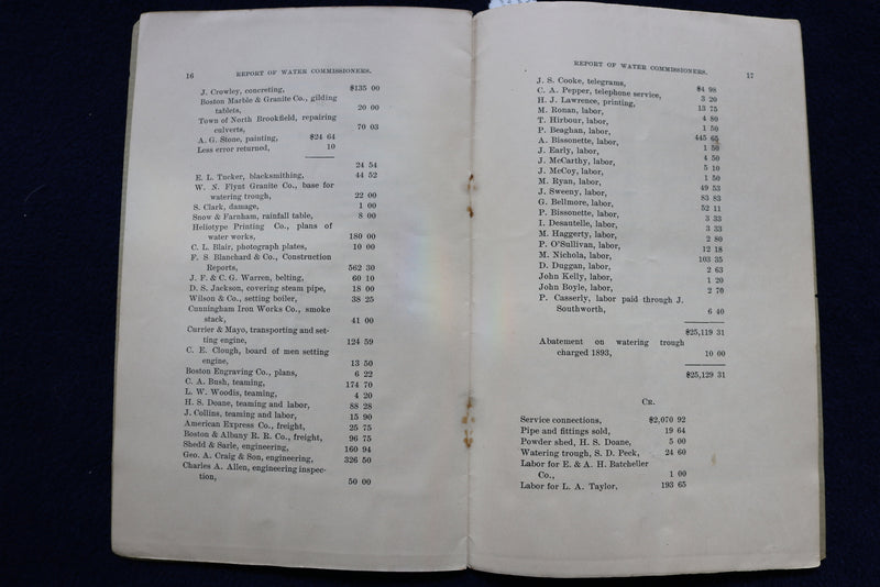 1895 NORTHBROOKFIELD WATER COMMISSIONERS ANNUAL REPORT SOFTCOVER BOOK - K 851