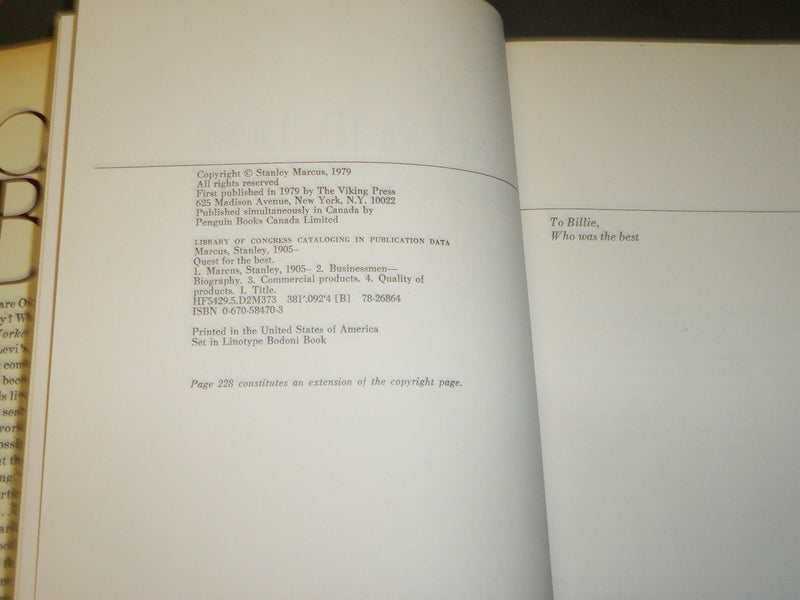 1979 QUEST FOR THE BEST INSCRIBED BY STANLEY MARCUS - FIRST EDN - KD 5300