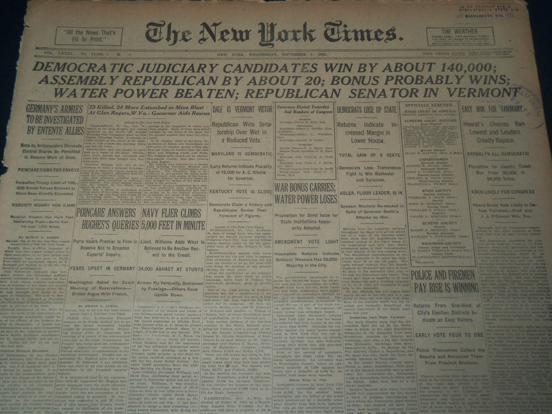 1923 NOV 7 NEW YORK TIMES NEWSPAPER - DEMOCRAT JUDICIARY CANDIDATES WIN- NT 7565