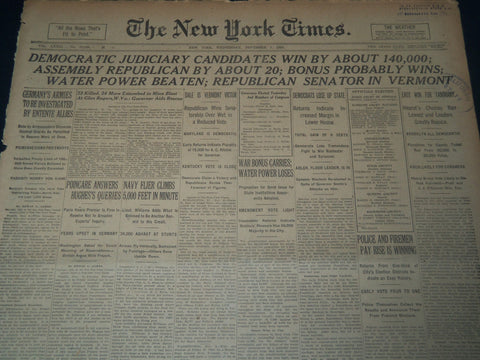1923 NOV 7 NEW YORK TIMES NEWSPAPER - DEMOCRAT JUDICIARY CANDIDATES WIN- NT 7565