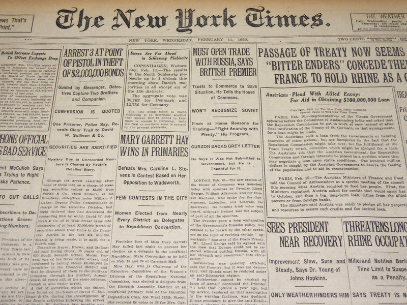 1920 FEBRUARY 11 NEW YORK TIMES - MARY GARRETT HAY WINS IN PRIMARIES - NT 7867