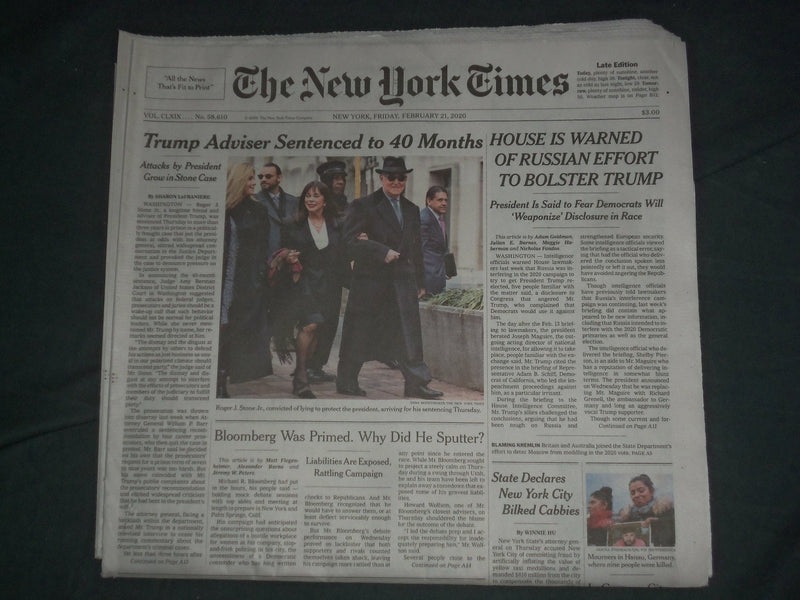 2020 FEBRUARY 21 NEW YORK TIMES - ROGER STONE SENTENCED TO 40 MONTHS