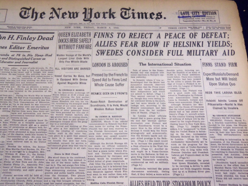 1940 MARCH 8 NEW YORK TIMES - ALLIES FEAR BLOW IF HELSINKI YIELDS - NT 2520