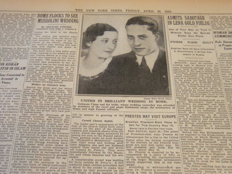 1930 APRIL 25 NEW YORK TIMES - ROME FLOCKS TO SEE MUSSOLINI WEDDING - NT 5723