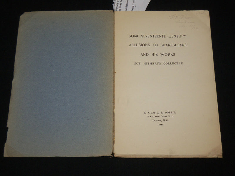 1920 SOME 17TH CENTURY ALLUSIONS TO SHAKESPEARE AND HIS WORKS BOOK - J 6525