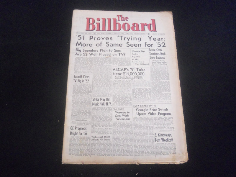 1951 DECEMBER 29 THE BILLBOARD NEWSPAPER - ARTICLES, PHOTOS & ADS - NP 5721