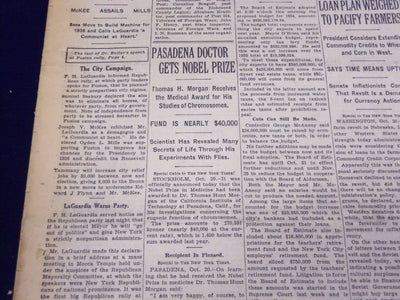 1933 OCTOBER 21 NEW YORK TIMES - PASADENA DOCTOR GETS NOBEL PRIZE - NT 3884