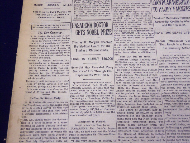 1933 OCTOBER 21 NEW YORK TIMES - PASADENA DOCTOR GETS NOBEL PRIZE - NT 3884