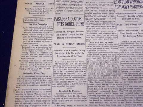 1933 OCTOBER 21 NEW YORK TIMES - PASADENA DOCTOR GETS NOBEL PRIZE - NT 3884