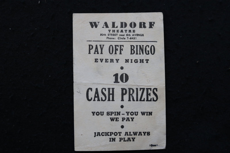 1930'S WALDORF THEATRE BINGO NIGHT CARD - K 1938