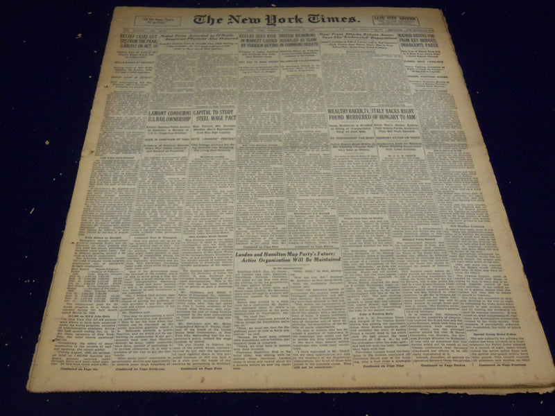 1936 NOV 13 NEW YORK TIMES - EUGENE O'NEILL WINS NOVEL PRIZE - NT 2134