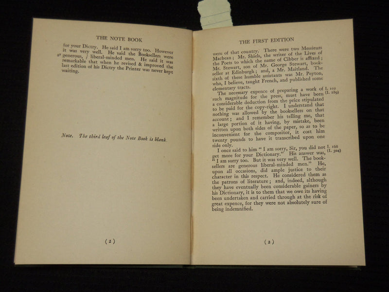1925 BOSWELL'S NOTE BOOK 1776-1777 - JOHNSON'S EARLY LIFE - KD 9416