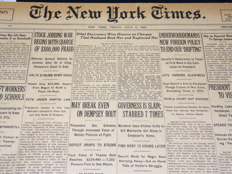 1923 JULY 6 NEW YORK TIMES NEWSPAPER - MAY BREAK EVEN ON DEMPSEY BOUT - NT 7739