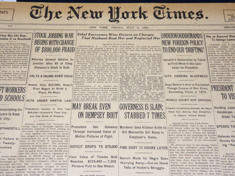 1923 JULY 6 NEW YORK TIMES NEWSPAPER - MAY BREAK EVEN ON DEMPSEY BOUT - NT 7739