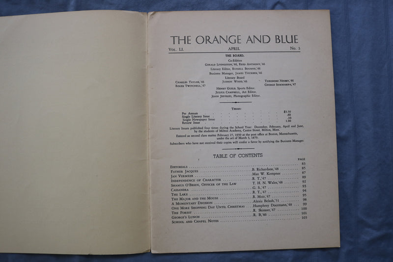 1946-1948 THE ORANGE AND BLUE MAGAZINE-MILTON ACADEMY -LOT 0F 4 + LETTER - K 717