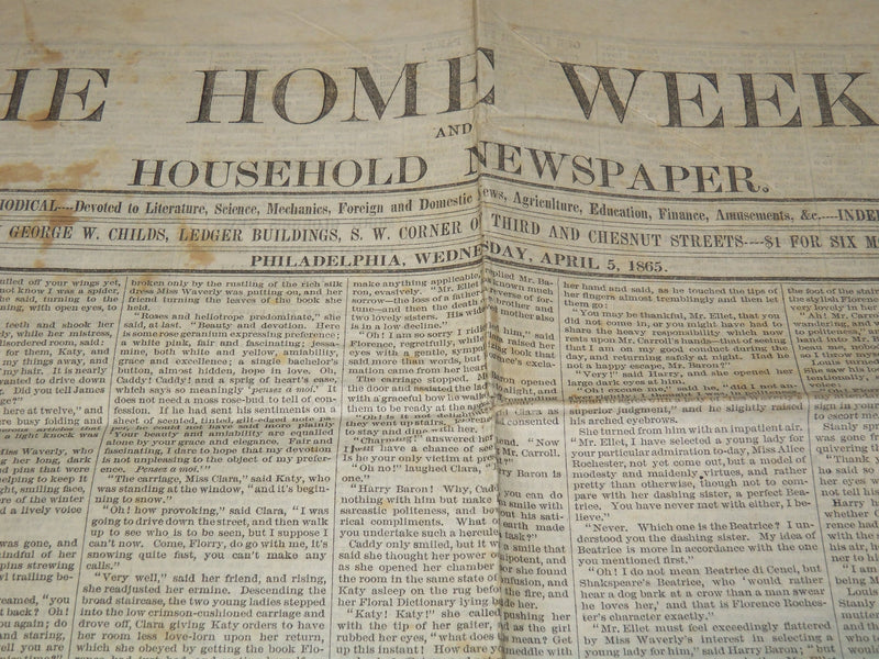 1865 APRIL 5 THE HOME WEEKLY NEWSPAPER - BULLETIN FROM LINCOLN - NP 8991