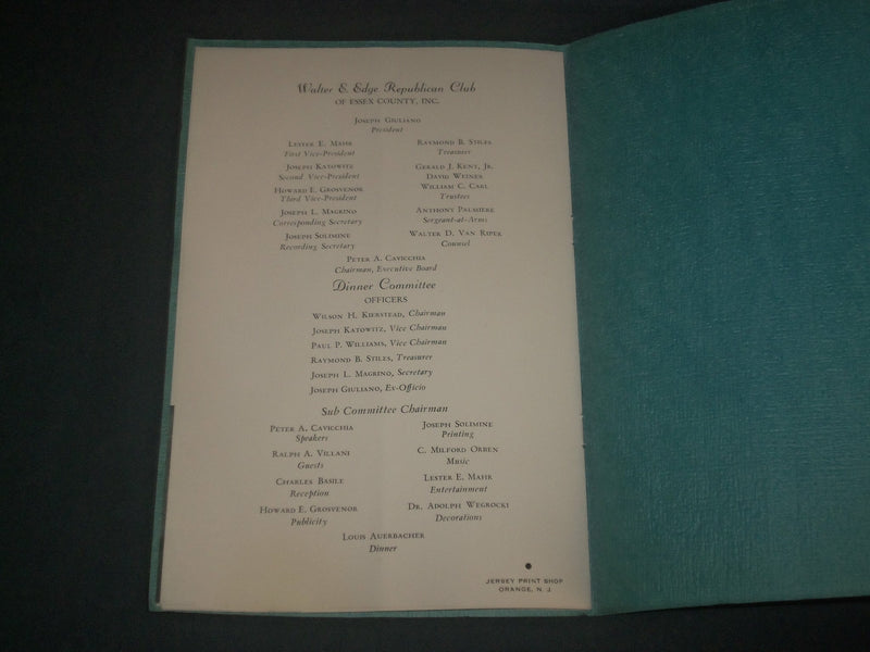 1937 WALTER EDGE REPUBLICAN CLUB DINNER PROGRAM - NEWARK NEW JERSEY - J 3957