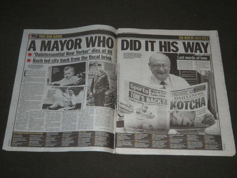 2013 FEBRUARY 2 NY DAILY NEWS NEWSPAPER - ED KOCH 1924-2013 - NP 2557