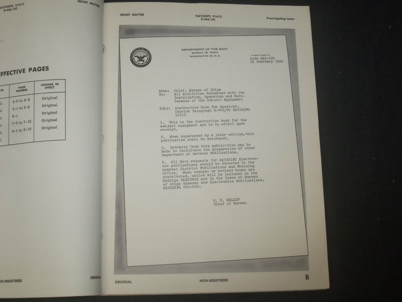 1952 NAVY INSTRUCTION BOOK FOR RECEIVER CARRIER TELEGRAPH R-466/UC - ST 997I