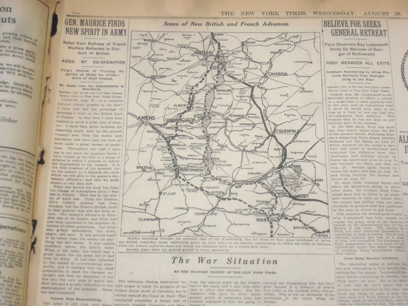 1918 AUGUST 28 NEW YORK TIMES - GERMANS FORCED BACK, FRENCH TAKE ROYE - NT 9198