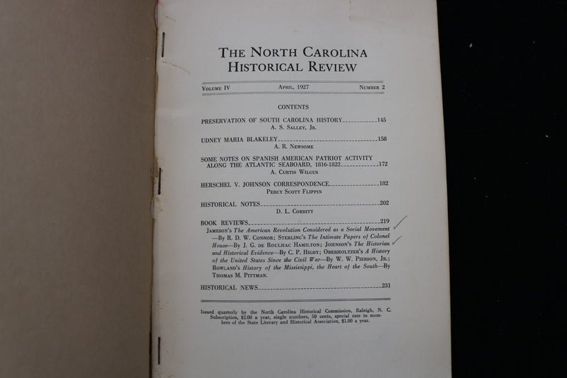 1927 APRIL NORTH CAROLINA HISTORICAL REVIEW QUARTERLY SOFTCOVER BOOK - K 2914