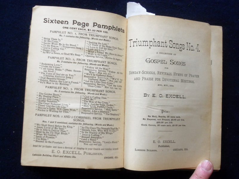 1894 TRIUMPHANT SONGS NO. 4 HARDCOVER BOOK PUBLISHED BY E.O. EXCELL- KD 8437