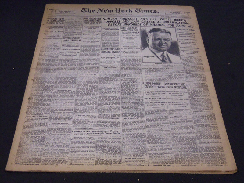 1928 AUGUST 12 NEW YORK TIMES - HOOVER FORMALLY NOTIFIED, VOICES ISSUES- NT 5087
