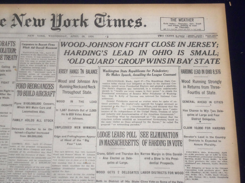 1920 APRIL 28 NEW YORK TIMES - HARDING'S LEAD IN OHIO IS SMALL - NT 8291