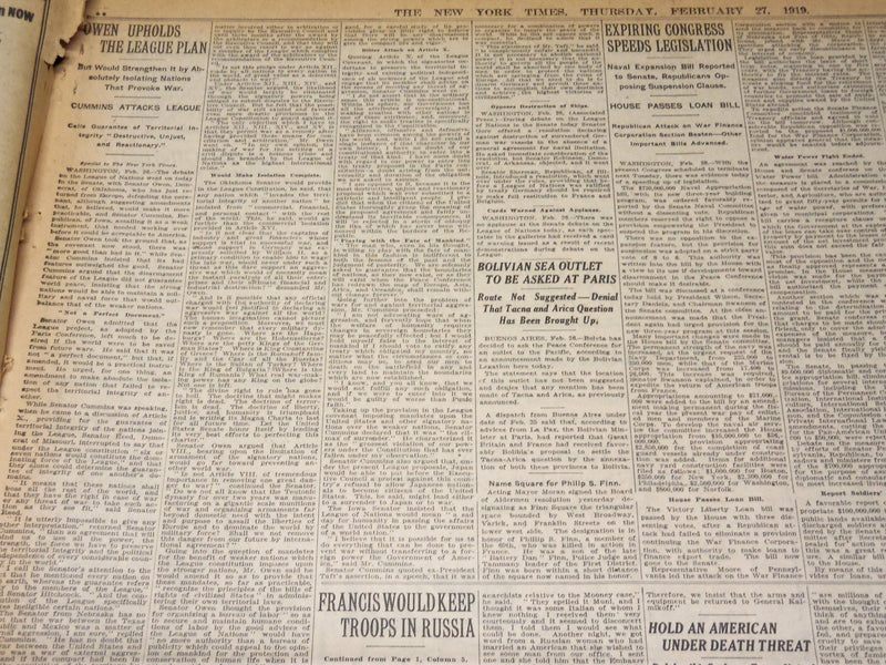 1919 FEBRUARY 27 NEW YORK TIMES - PRESIDENT EXPOUNDS LEAGUE TO GUESTS - NT 7968