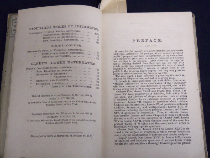 1866 THE AMERICAN INTELLECTUAL ARITHMETIC VOLUME BY JOHN STODDARD - KD 4814L