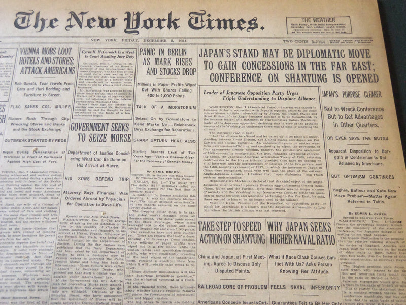 1921 DECEMBER 2 NEW YORK TIMES - JAPAN'S STAND MAY BE DIPLOMATIC MOVE - NT 6130
