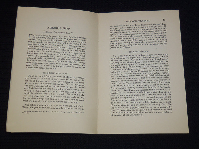 1920'S WOODROW WILSON FRANKLIN K. LANE & ROOSEVELT ON AMERICANISM BOOK - J 7988