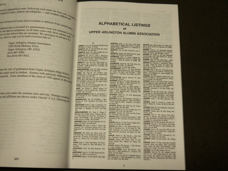 1992 UPPER ARLINGTON ALUMNI ASSOCIATION DIRECTORY - OHIO - KD 6236