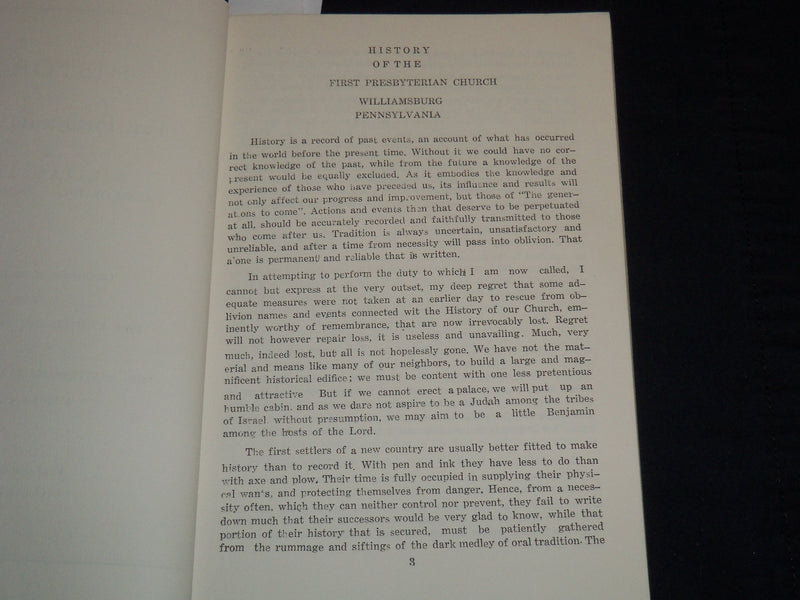 1941 HISTORY OF THE FIRST PRESBYTERIAN CHURCH -WILLIAMSBURG PENNSYLVANIA- J 8973