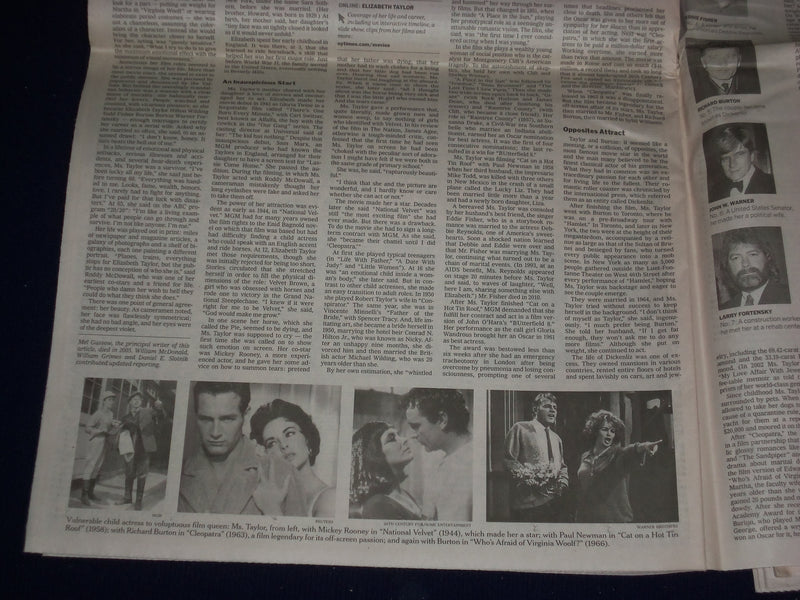 2011 MARCH 24 THE NEW YORK TIMES - ELIZABETH TAYLOR DEAD - NP 3034