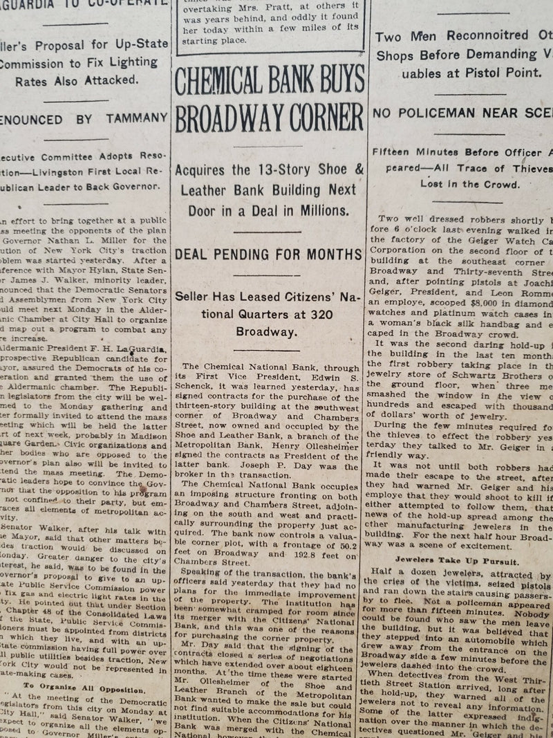 1921 JANUARY 29 NEW YORK TIMES - CHEMICAL BANK BUYS BROADWAY CORNER - NT 8098