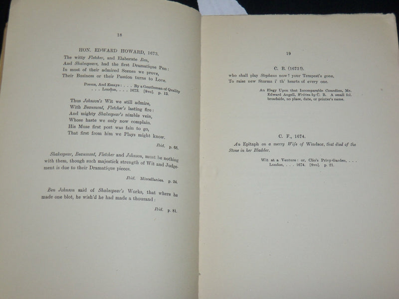 1920 SOME 17TH CENTURY ALLUSIONS TO SHAKESPEARE AND HIS WORKS BOOK - J 6525