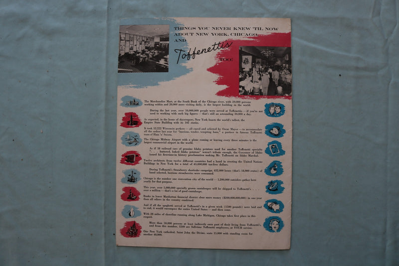 1950'S TOFFENETTIS RESTAURANT MENU - CHICAGO, ILLINOIS - SOFTCOVER - K 3313