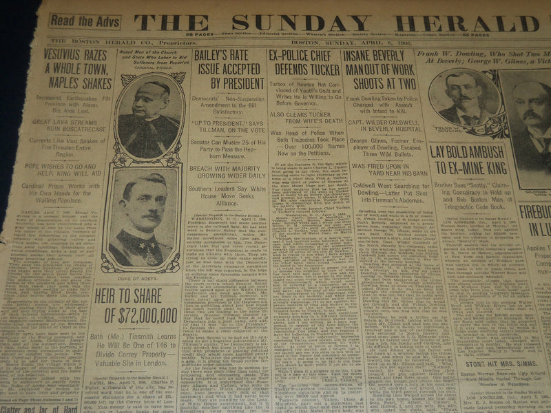 1906 APRIL 8 THE BOSTON HERALD NEWSPAPER - VESUVIUS RAZES A WHOLE TOWN - BH 278