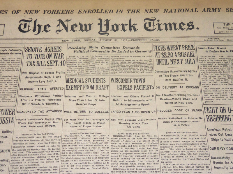 1917 AUGUST 31 NEW YORK TIMES - MEDICAL STUDENTS EXEMPT FROM DRAFT - NT 8515