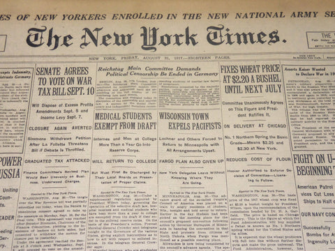 1917 AUGUST 31 NEW YORK TIMES - MEDICAL STUDENTS EXEMPT FROM DRAFT - NT 8515